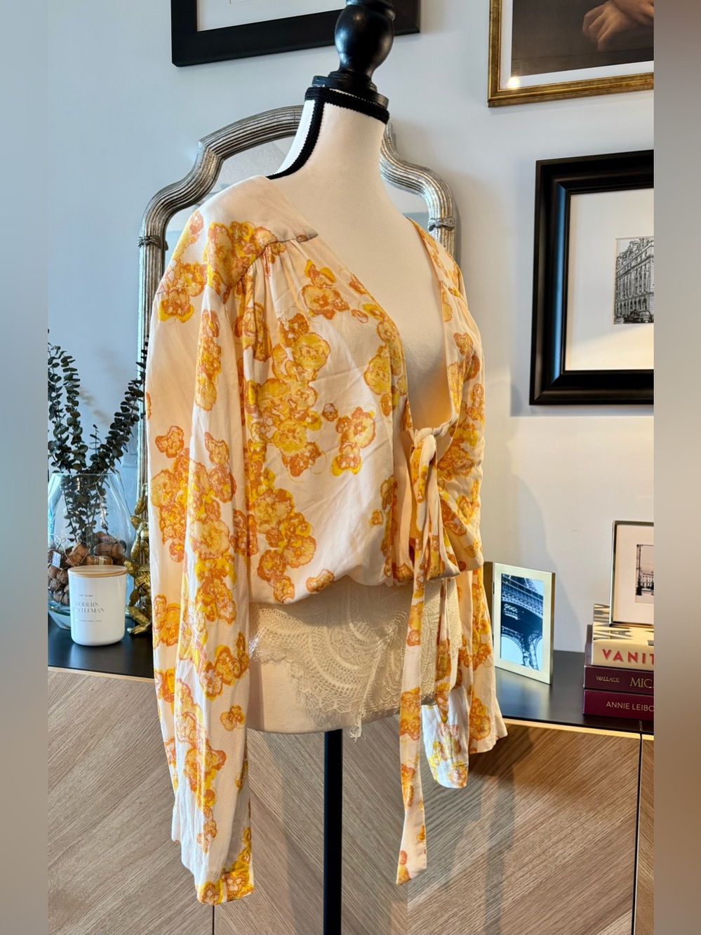 FREE PEOPLE Women's Floral Tie-Front Body Suit Blouse - Yellow/Cream Medium - Picture 8 of 17